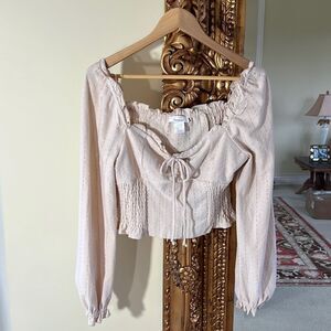 Urban Outfitters Romantics Women's Tan Blouse Size Large Boho Cropped Eyelet